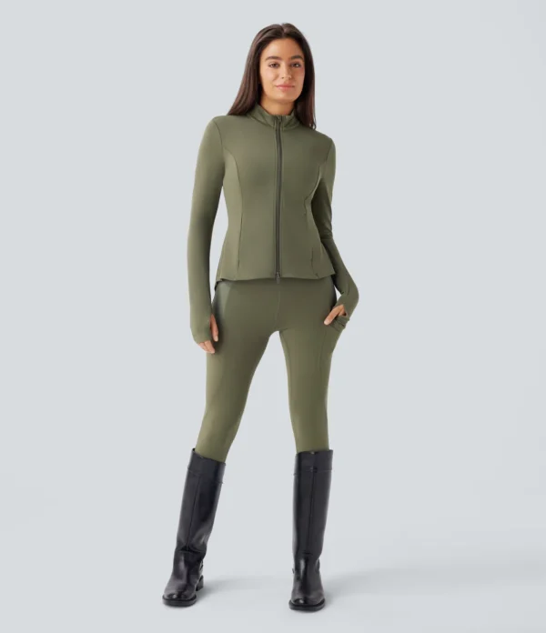 Stand Collar Thumb Hole Pockets Pleated Zipper Slim