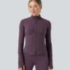 Mock Neck Push-Up Long Sleeve Thumb Hole Yoga Jacket with Pockets