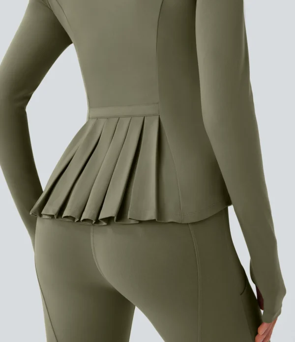 Stand Collar Thumb Hole Pockets Pleated Zipper Slim