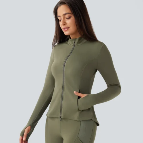 Stand Collar Thumb Hole Pockets Pleated Zipper Slim