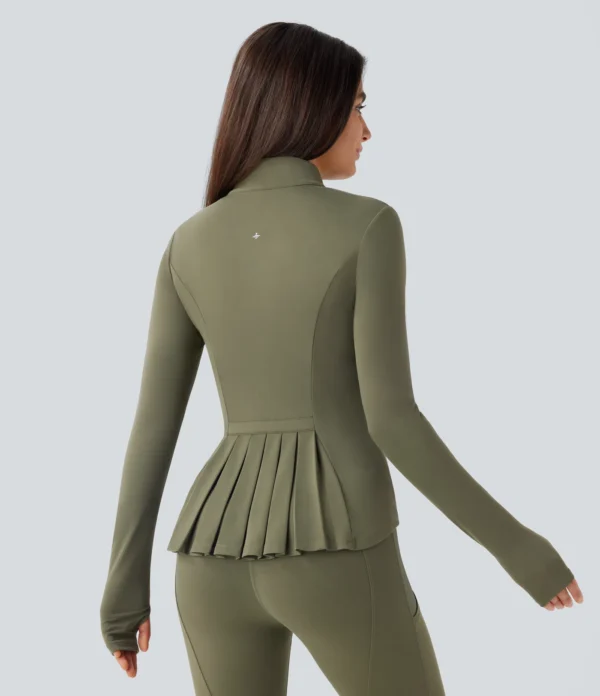 Stand Collar Thumb Hole Pockets Pleated Zipper Slim